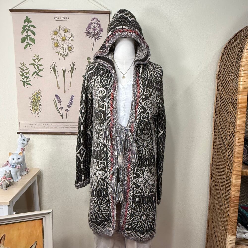 Free People Hooded Tassel Tie Long Cardigan Sweater Fairy Grunge Forest Boho M